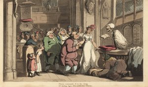 Der Tod als Priester feiert die Hochzeit zwischen einer jungen Frau und einem hässlichen alten Mann. Handkolorierter Kupferstich von Thomas Rowlandson aus The English Dance of Death, Ackermann, London von Thomas Rowlandson