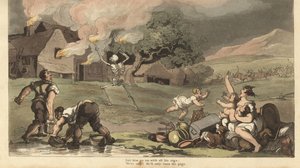 Der Tod brennt mit Fackeln ein Haus nieder, während eine Familie versucht, ihre Schätze zu retten und das Feuer mit Wasser aus dem Teich zu löschen (Handkolorierte Kupferstich von Thomas Rowlandson)