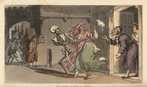 Der Tod trägt eine Virago aus einem Haus, während ein Nachtwächter mit Laterne zusieht. Handkolorierte Kupferplatte gezeichnet und graviert von Thomas Rowlandson aus The English Dance of Death, Ackermann, London