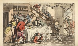 Der Tod kommt für einen Jäger, der sich nach einer Fuchsjagd unter einem Tisch versteckt. Handkolorierte Kupferplatte, gezeichnet und graviert von Thomas Rowlandson aus The English Dance of Death, Ackermann, London von Thomas Rowlandson