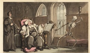 Der Tod holt den Bischof in der Abtei, während er die Bibel auf einem Lesepult liest und seinen gichtkranken Fuß auf ein Kissen legt. Handkolorierte Kupferplatte gezeichnet und graviert von Thomas Rowlandson aus The English Dance of Death, Ackermann, Londo