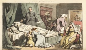 Der Tod kommt für den Doktor, während der Priester über den toten Körper eines guten Mannes betet, der von seiner Frau und seinem Kind betrauert wird. Handkolorierte Kupferstichzeichnung und -gravur von Thomas Rowlandson aus The English Dance of Death, Ack von Thomas Rowlandson