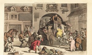 Der Skeletttod hilft einer großen Matrone auf die tödliche letzte Bühne. Handkolorierte Kupferplatte gezeichnet und graviert von Thomas Rowlandson aus The English Dance of Death, Ackermann, London
