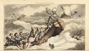 Der Skelett des Todes hält das Ruder auf einem Ruderboot, das einem Schiffswrack entkommt, während seine verzweifelte Besatzung zum Ufer rudert und Passagiere in den Wellen ertrinken. Handkolorierte Kupferplatte gezeichnet und graviert von Thomas Rowlandso von Thomas Rowlandson