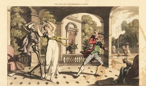 Das Skelett des Todes in einem Umhang tanzt einen letzten Walzer mit der zerbrechlichen Caelia, während ihr Tanzlehrer entsetzt zusieht. Handkolorierte Kupferplatte gezeichnet und graviert von Thomas Rowlandson aus „The English Dance of Death“, Ackermann, 