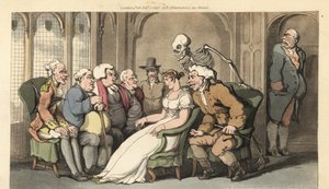 Der Skeletttod schließt sich einer Gruppe von Freiern für die schöne Erbin Belinda an und besiegt den Anwalt, Arzt, Pfarrer, Quäker, Oberst und Baronet für den Preis. Handkolorierte Kupferplatte gezeichnet und graviert von Thomas Rowlandson aus The English