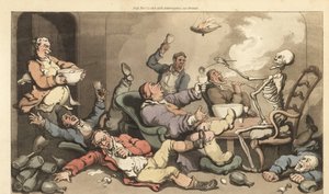 Der Skelett des Todes schöpft Punsch in ein Glas eines Toastmasters mit Gicht bei einer ausgelassenen georgianischen Trinkparty. Handkolorierte Kupferplatte gezeichnet und graviert von Thomas Rowlandson aus The English Dance of Death, Ackermann, London