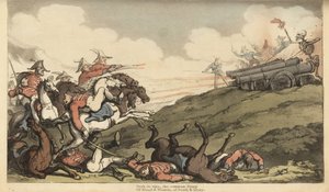 Der Skelett des Todes feuert eine Kanonensalve auf einen englischen Kavallerieangriff ab. Handkolorierte Kupferplatte gezeichnet und graviert von Thomas Rowlandson aus The English Dance of Death, Ackermann, London von Thomas Rowlandson