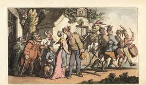 Das Skelett des Todes führt einen jungen Rekruten in die Armee, während er seine Freundin und Familie zurücklässt. Handkolorierte Kupferstichzeichnung und -gravur von Thomas Rowlandson von Thomas Rowlandson