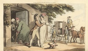 Der Skelett des Todes führt einen alten Mann in ein Mausoleum, während seine junge Witwe frei ist, wieder zu heiraten. Handkolorierte Kupferplatte gezeichnet und graviert von Thomas Rowlandson aus The English Dance of Death, Ackermann, London von Thomas Rowlandson