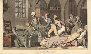 Der Skeletttod führt gierige Kinder zu der Goldtruhe eines Geizhalses, der tot auf einem Bett liegt und ein Testament und einen Geldbeutel hält. Handkolorierte Kupferplatte gezeichnet und graviert von Thomas Rowlandson aus The English Dance of Death, Acker