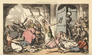 Der Skeletttod schaut hinter der Tür des Todes hervor, um die Menge der Fettleibigen, Lahmen, Krüppel, Alten und Verrückten zu sehen, die auf Erlösung von den Qualen des Lebens warten. Handkolorierte Kupferplatte gezeichnet und graviert von Thomas Rowlands