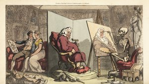 Der Tod malt ein Porträt eines Stadtrats, während seine junge Dienerin hinter dem Paravent mit einem galanten Künstler flirtet. Handkolorierte Kupferplatte gezeichnet und graviert von Thomas Rowlandson aus The English Dance of Death, Ackermann, London