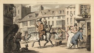 Das Skelett des Todes reitet auf einem Pferd mit einem Quacksalber, während nur der Dorfbestatter seinen Tod beklagt. Handkolorierte Kupferstichzeichnung und -gravur von Thomas Rowlandson von Thomas Rowlandson