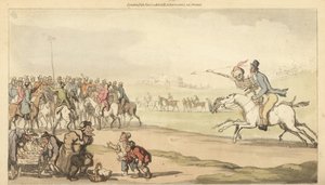 Das Skelett des Todes reitet mit einem Mann zum Wettposten auf einer Rennstrecke, während Kinder ein Lottospiel spielen. Handkolorierte Kupferplatte gezeichnet und graviert von Thomas Rowlandson aus „The English Dance of Death“, Ackermann, London von Thomas Rowlandson
