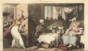 Der Skelett des Todes wiegt die Wiege eines Babys, während die Nanny schläft und die verzweifelte Mutter nach Hause kommt. Handkolorierte Kupferplatte gezeichnet und graviert von Thomas Rowlandson aus The English Dance of Death, Ackermann, London