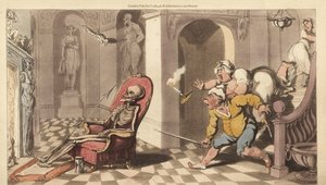 Der Skelett des Todes sitzt im Portiersessel eines großen Hauses, während die verängstigten Diener die Treppe hinunterkommen, um nachzusehen. Handkolorierte Kupferplatte gezeichnet und graviert von Thomas Rowlandson aus The English Dance of Death, Ackerman von Thomas Rowlandson