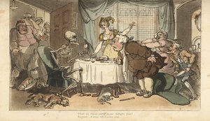 Das Skelett des Todes mit Pfeil und Sanduhr kommt für den Vielfraß, während er beim Abendessen schlemmt. Handkolorierte Kupferplatte gezeichnet und graviert von Thomas Rowlandson aus „The English Dance of Death“, Ackermann, London