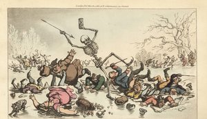 Das Skelett des Todes mit Pfeil und Sanduhr, das auf einem zugefrorenen Teich Schlittschuh läuft, während andere Schlittschuhläufer durch das gebrochene Eis fallen. Handkolorierte Kupferstichzeichnung und -gravur von Thomas Rowlandson aus The English Dance