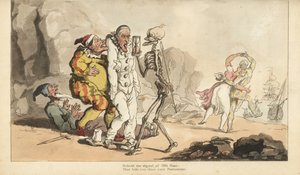 Der Tod mit Stundenglas und Pfeil kommt für einen Pierrot und andere Clowns, während ein Harlekin mit einer Frau am Strand tanzt (Handkolorierte Kupferstich von Thomas Rowlandson) von Thomas Rowlandson