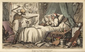 Der Tod mit dem Antiquar-Horter in einem Schlafzimmer voller Musikinstrumente, Bücher, Manuskripte, Rüstungen, einem Globus, einer Büste, Ratten usw. (Handkolorierte Kupferstich von Thomas Rowlandson)