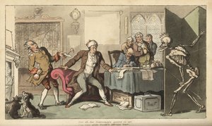 Der Staatsmann in seinem Büro wird von der skelettierten Figur des Todes mit seiner Krone und seinem Pfeil überrascht, die hinter einem Bildschirm hervorkommt. Handkolorierter Kupferstich von Thomas Rowlandson aus The English Dance of Death, Ackermann, Lon