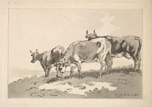 Drei Kühe auf dem Kamm eines Feldes stehend, 1784-87 von Thomas Rowlandson