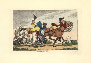 Zwei Männer fallen von ihren Pferden nach dem Angeben von Thomas Rowlandson