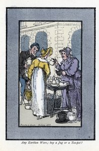 Frau verkauft Krüge, Teekannen und Schalen an einer Straßenecke von Thomas Rowlandson