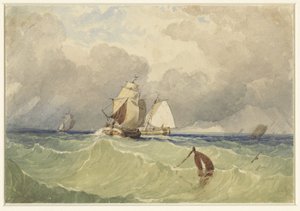 Dreimaster und Tjalk segeln auf hoher See