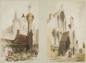 Fischmarkt, Antwerpen und Hospiz des Altenheims, Cand, aus Malerische Architektur in Paris, Gent, Antwerpen, Touen, etc.