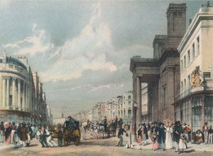Blick auf die Regent Street in Richtung des Quadranten mit der Hanover Chapel im Vordergrund, 1842 von Thomas Shotter Boys