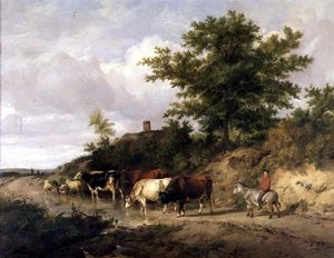 Waldlandschaft mit einem Jungen auf einem Esel und Vieh an einer Furt von Thomas Sidney Cooper