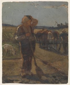 Bauer, der mit einer Schaufel auf dem Feld steht von Thomas Simon Cool