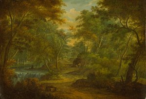 Bewaldete Landschaft mit einem Bach und einem Fischer von Thomas Smith of Derby