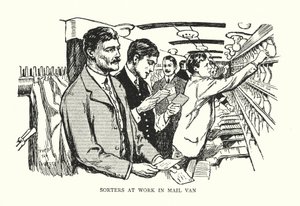 Sortierer bei der Arbeit im Postwagen (Lithografie)