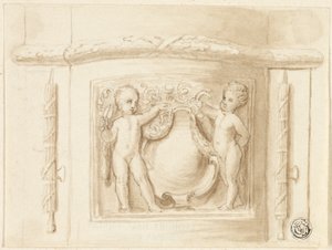 Basis eines Pilasters mit Relief, mit 2 Putti, Schild