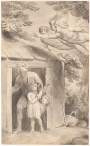 Peter und seine Kinder werden von drei fliegenden Gestalten besucht von Thomas Stothard