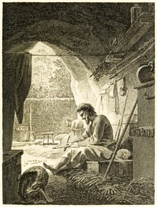 Robinson Crusoe bei der Arbeit in seiner Höhle aus 