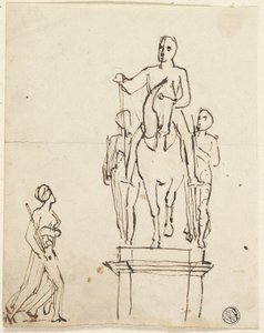 Skulptur eines Reiters begleitet von zwei stehenden Figuren, mit Skizze einer der letzteren von Thomas Stothard