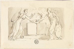 Zwei allegorische weibliche Figuren, die Hände vor einem Buch halten von Thomas Stothard