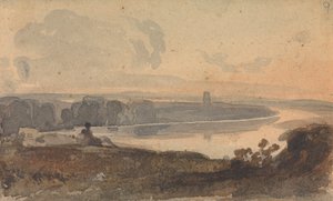 Landschaft mit gewundenem Fluss, Figur auf Hügel im Vordergrund