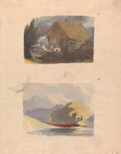 Zwei Zeichnungen auf einem Blatt: Hütte mit Figuren davor (Nr. 15); Landschaft mit Fluss und Bergen - Sonnenschein (Nr. 16)
