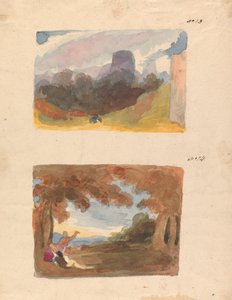 Zwei Zeichnungen auf einem Blatt: Landschaft mit Schloss - Moderne Art (Nr. 13); Landschaft mit Figuren im Vordergrund (Nr. 14)