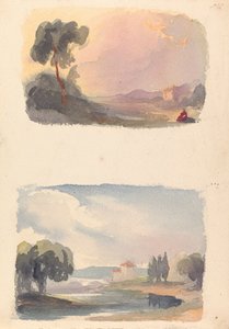 Zwei Zeichnungen auf einem Blatt: Landschaft mit Bergen in der Ferne und sitzenden Figuren im Vordergrund (Nr. 1); Landschaft mit Fluss und Gebäude, Berge in der Ferne (Nr. 2)