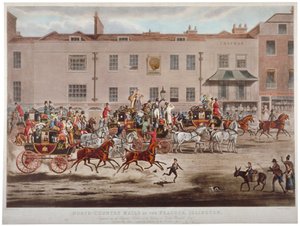 Postkutschen vor dem Peacock Inn in der Islington High Street, London, 1823