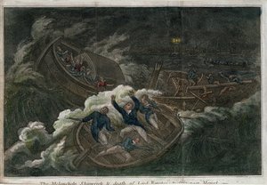 Das melancholische Schiffswrack und der Tod von Lord Royston. Lithographie (17,5 x 25,8 cm), London (England) Ausgabe, von Thomas Tegg (1808?). Englische Kunst von Thomas Tegg