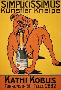 Vintage-Poster eines Bulldoggen, der eine Champagnerflasche beißt von Thomas Theodor Heine
