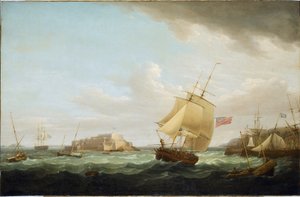 Ein Handelsschiff und andere Schiffe vor Cornet Castle in Guernsey, England. Öl auf Leinwand, ca. 1796, von Thomas Whitcombe