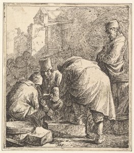 Mann, der sein Schuhwerk anpasst, links drei Männer beim Kartenspielen, 1630-77